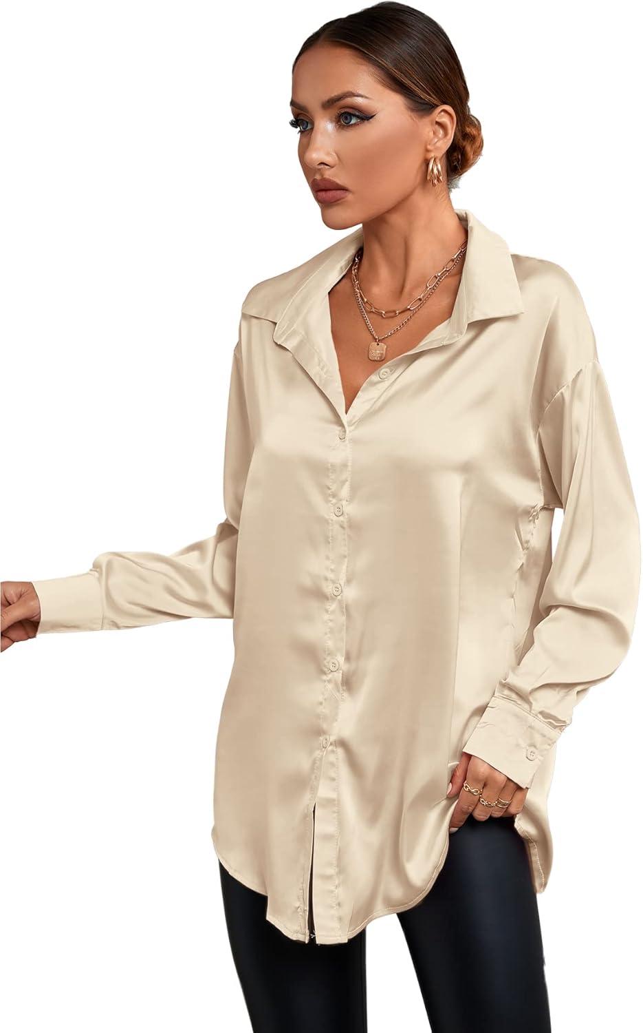 imageLYANER Womens Satin Silk Collar V Neck Button Down Long Sleeve Blouse Shirt TopBeige