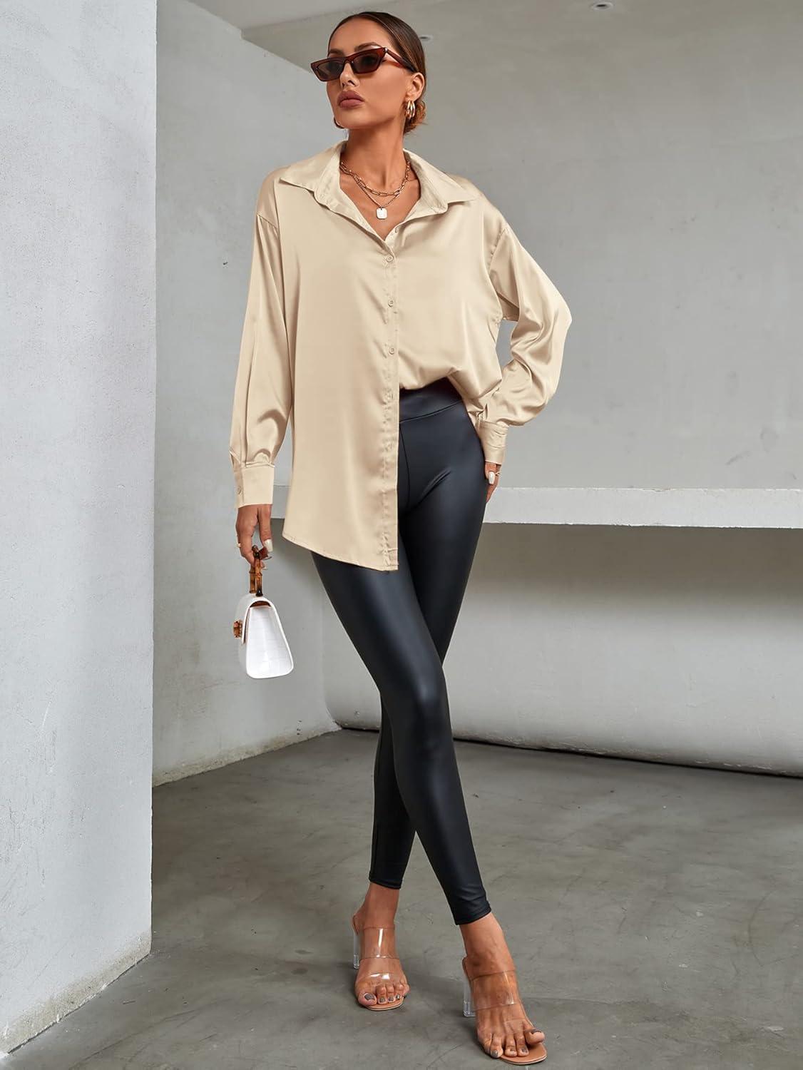 imageLYANER Womens Satin Silk Collar V Neck Button Down Long Sleeve Blouse Shirt TopBeige