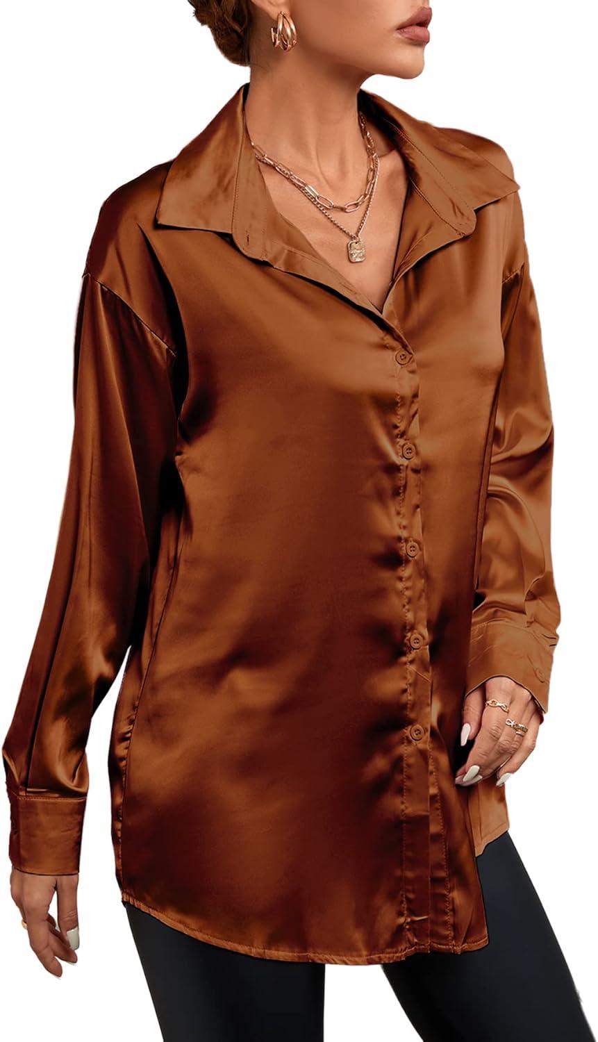 imageLYANER Womens Satin Silk Collar V Neck Button Down Long Sleeve Blouse Shirt TopBrown