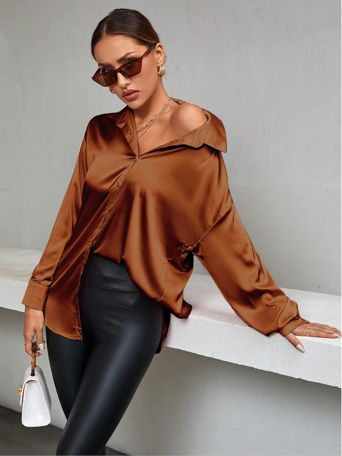 imageLYANER Womens Satin Silk Collar V Neck Button Down Long Sleeve Blouse Shirt TopBrown
