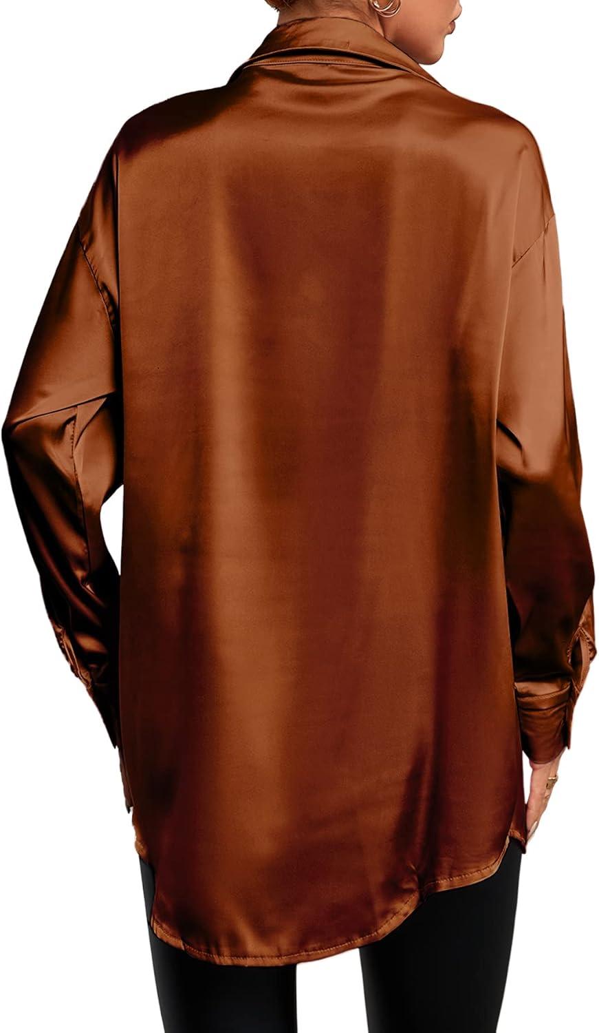 imageLYANER Womens Satin Silk Collar V Neck Button Down Long Sleeve Blouse Shirt TopBrown