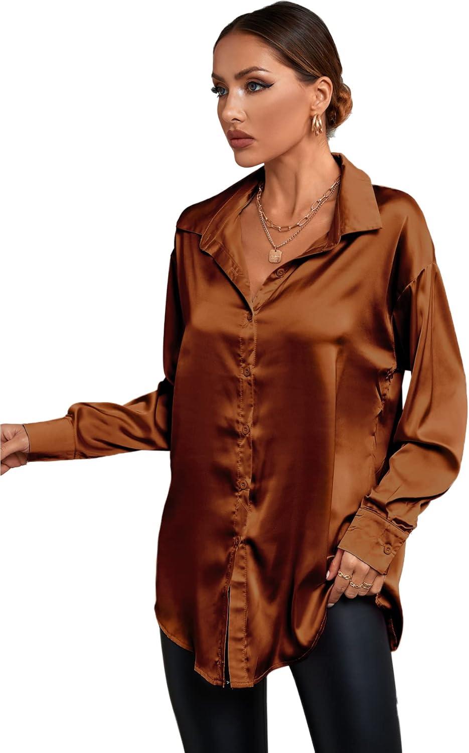 imageLYANER Womens Satin Silk Collar V Neck Button Down Long Sleeve Blouse Shirt TopBrown
