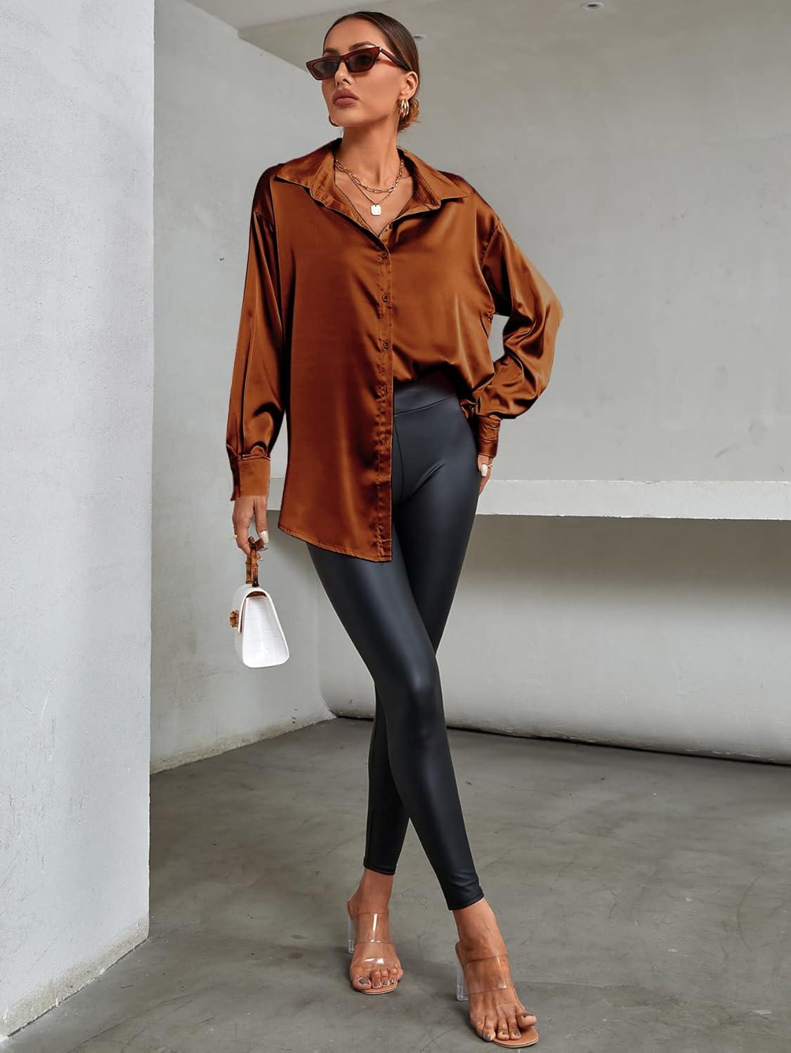 imageLYANER Womens Satin Silk Collar V Neck Button Down Long Sleeve Blouse Shirt TopBrown