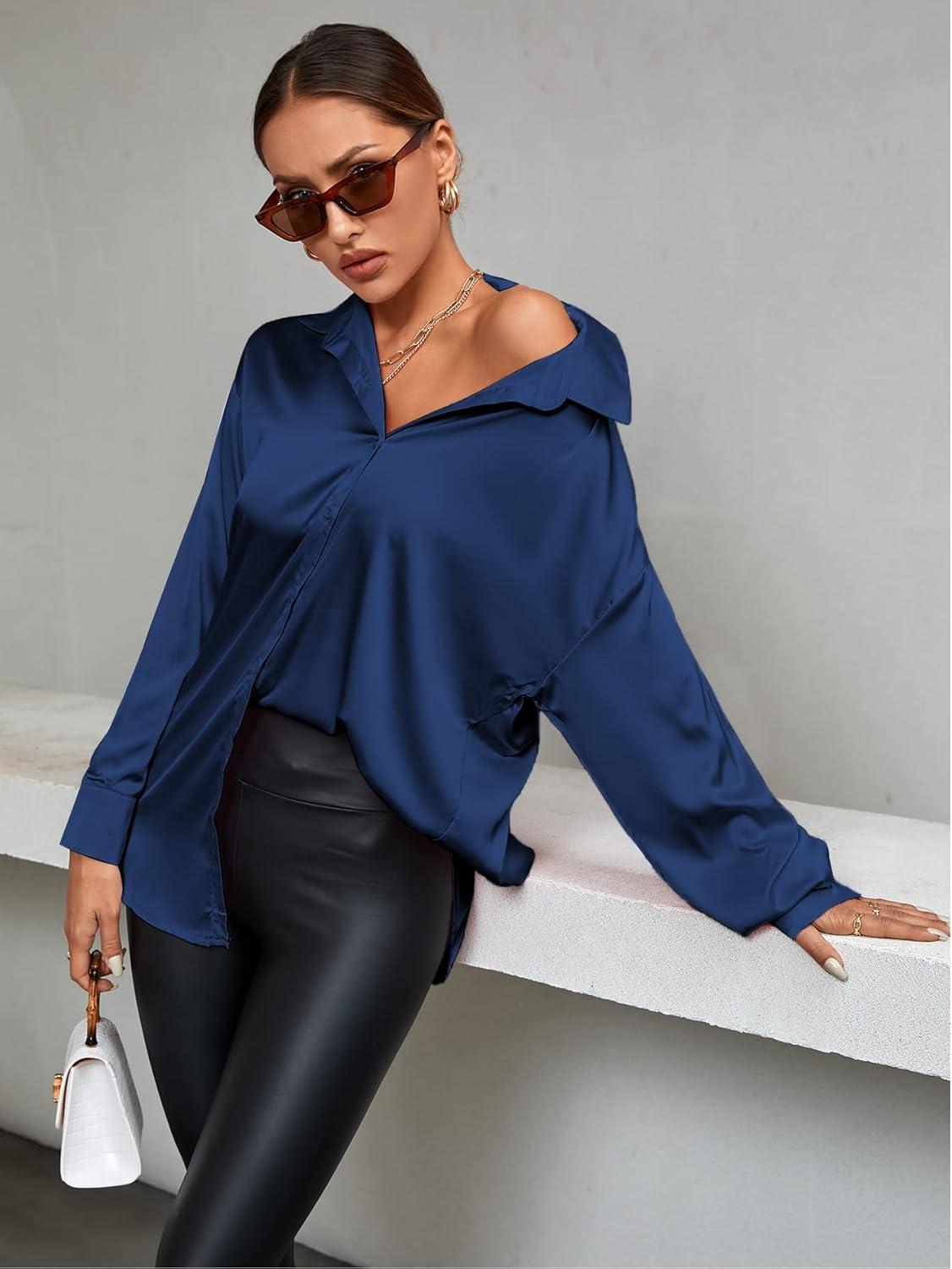 imageLYANER Womens Satin Silk Collar V Neck Button Down Long Sleeve Blouse Shirt TopDark Blue
