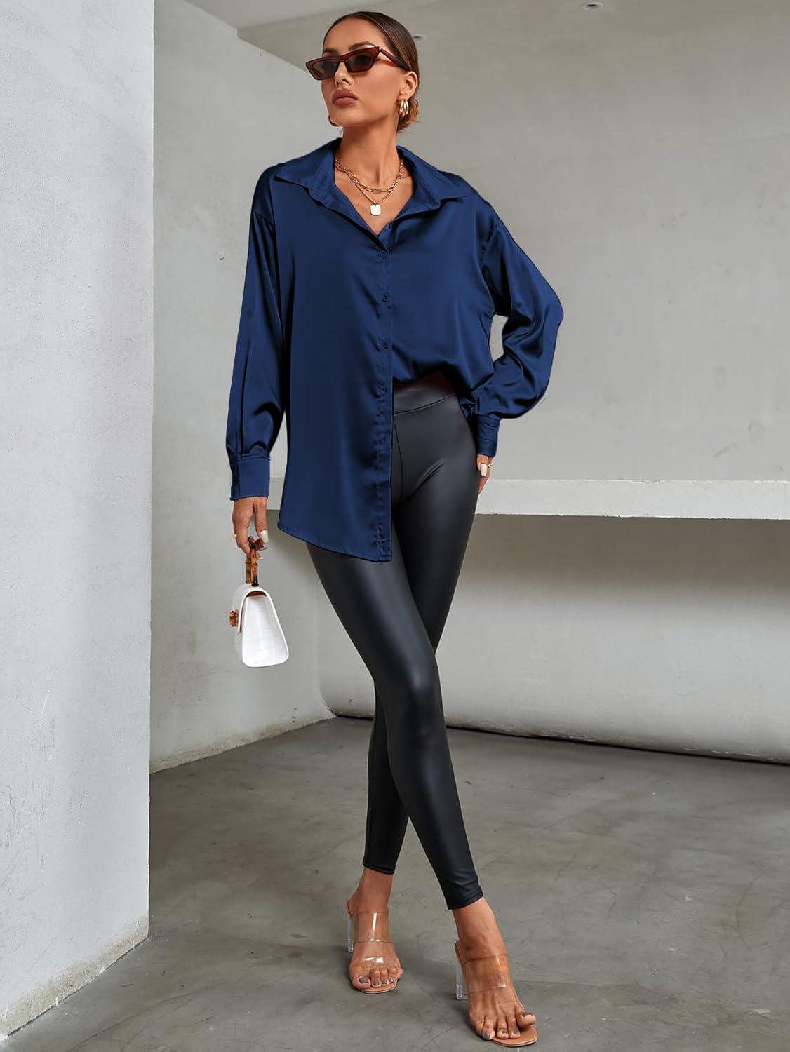 imageLYANER Womens Satin Silk Collar V Neck Button Down Long Sleeve Blouse Shirt TopDark Blue