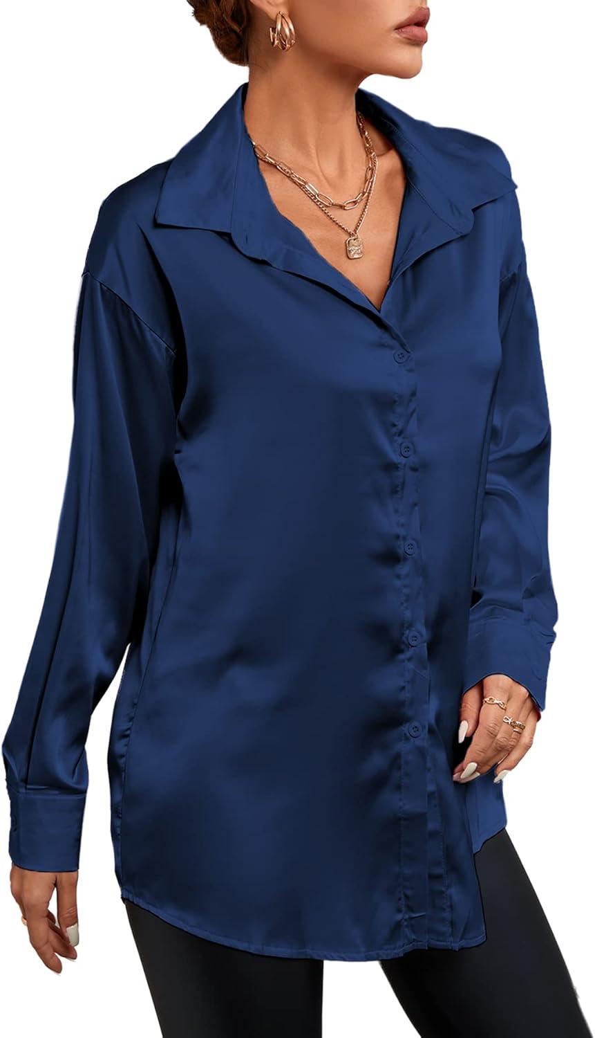 imageLYANER Womens Satin Silk Collar V Neck Button Down Long Sleeve Blouse Shirt TopDark Blue