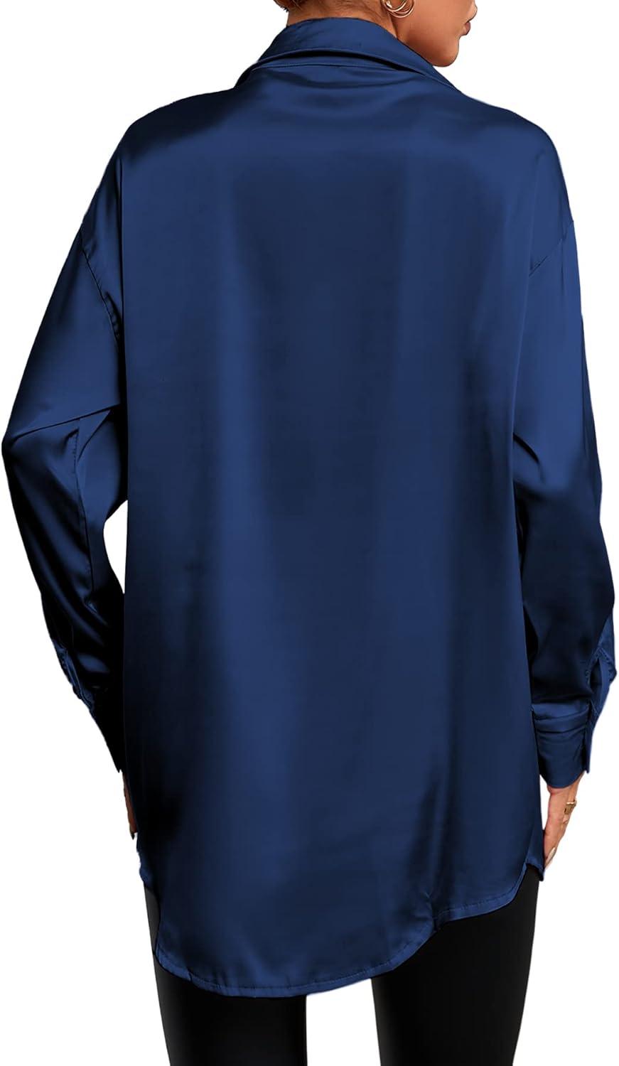 imageLYANER Womens Satin Silk Collar V Neck Button Down Long Sleeve Blouse Shirt TopDark Blue