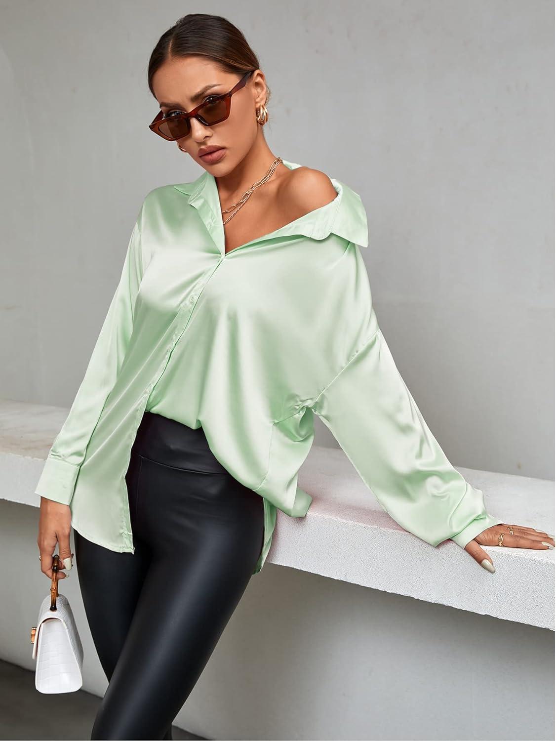 imageLYANER Womens Satin Silk Collar V Neck Button Down Long Sleeve Blouse Shirt TopLight Green