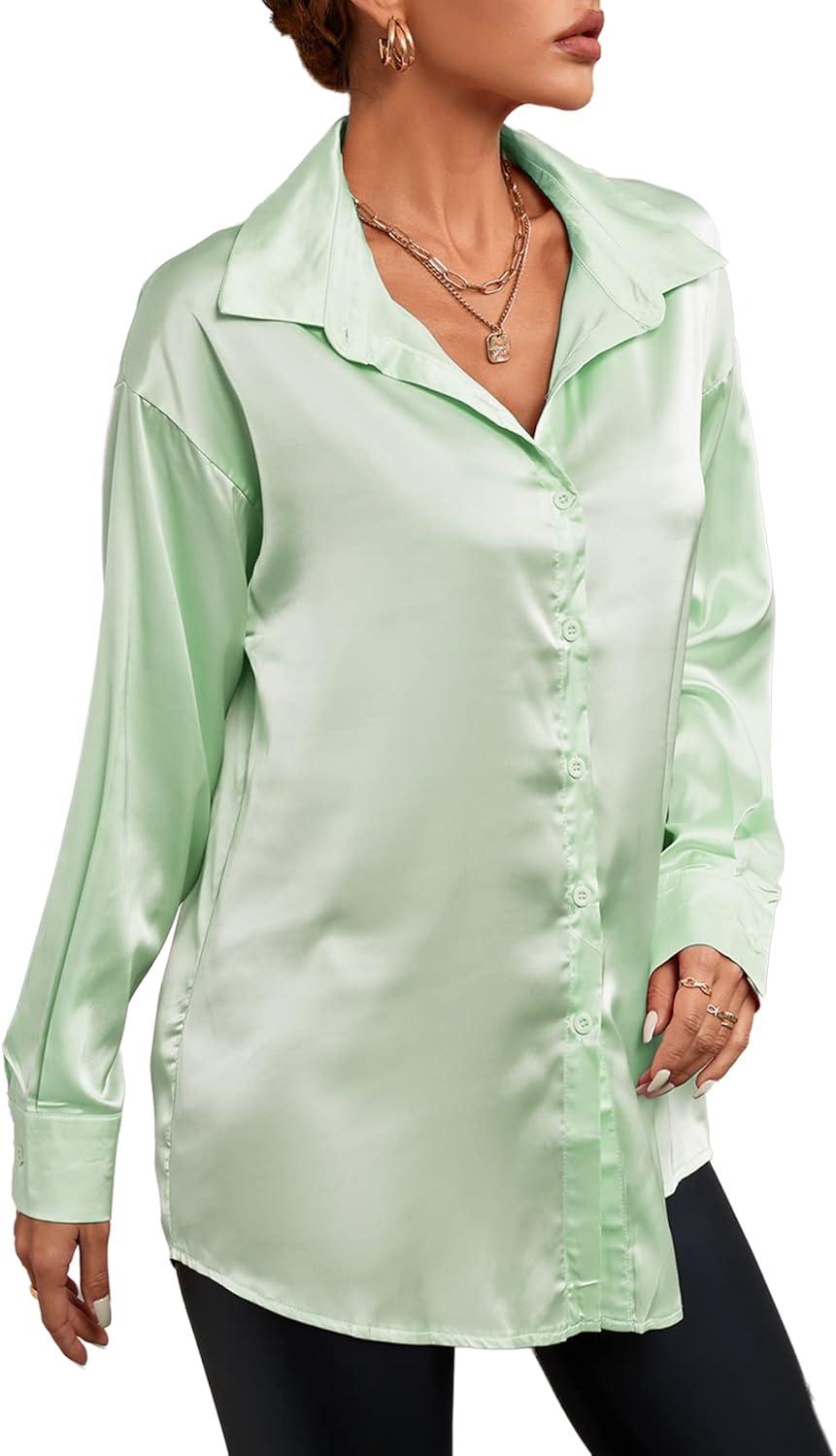 imageLYANER Womens Satin Silk Collar V Neck Button Down Long Sleeve Blouse Shirt TopLight Green