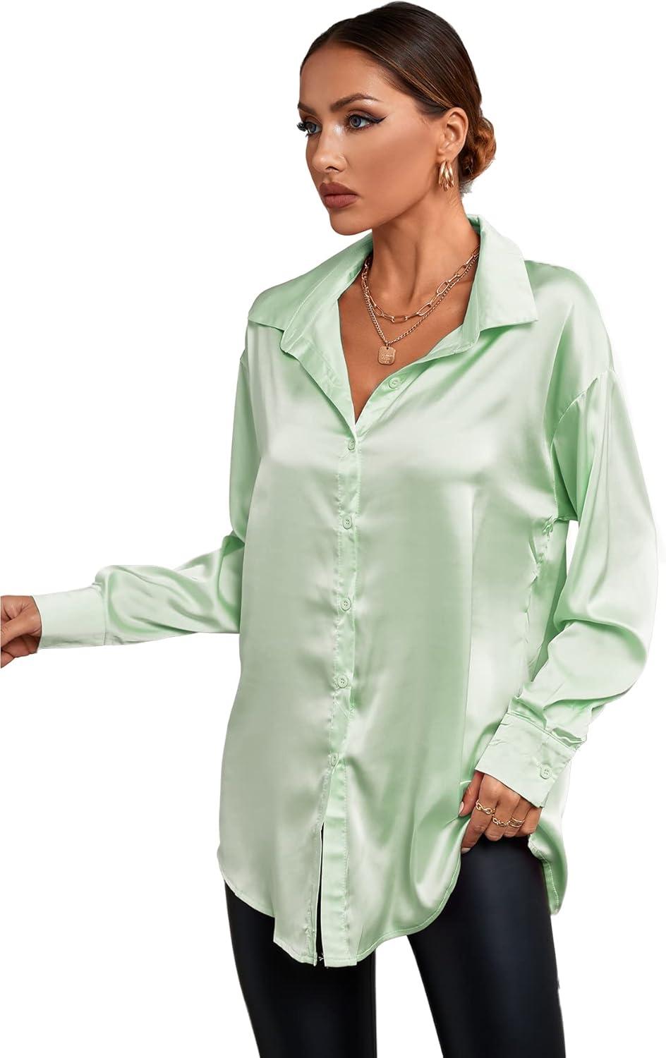 imageLYANER Womens Satin Silk Collar V Neck Button Down Long Sleeve Blouse Shirt TopLight Green