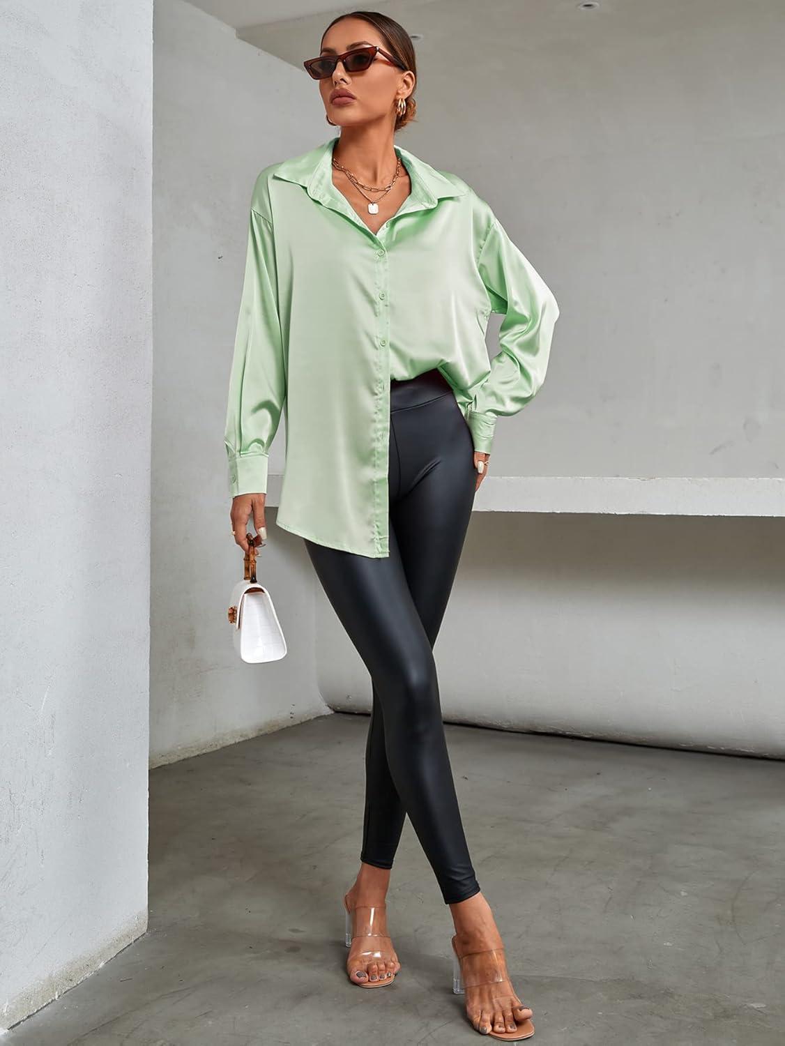 imageLYANER Womens Satin Silk Collar V Neck Button Down Long Sleeve Blouse Shirt TopLight Green