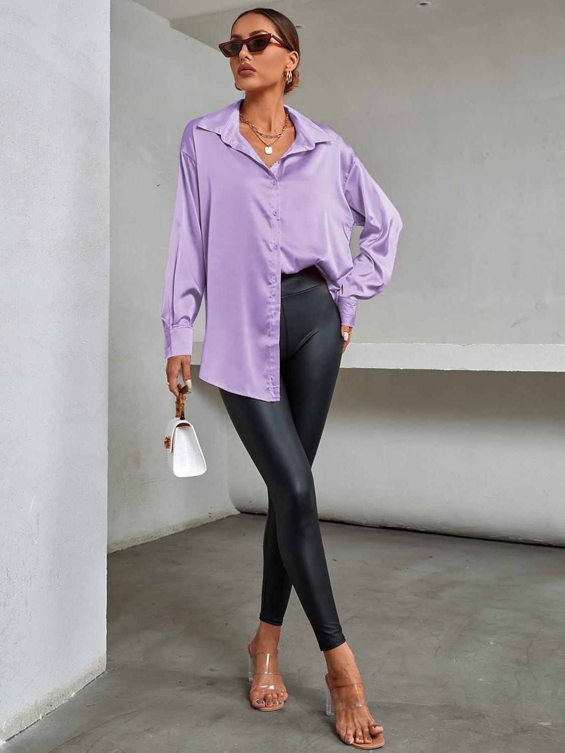 imageLYANER Womens Satin Silk Collar V Neck Button Down Long Sleeve Blouse Shirt TopLight Purple