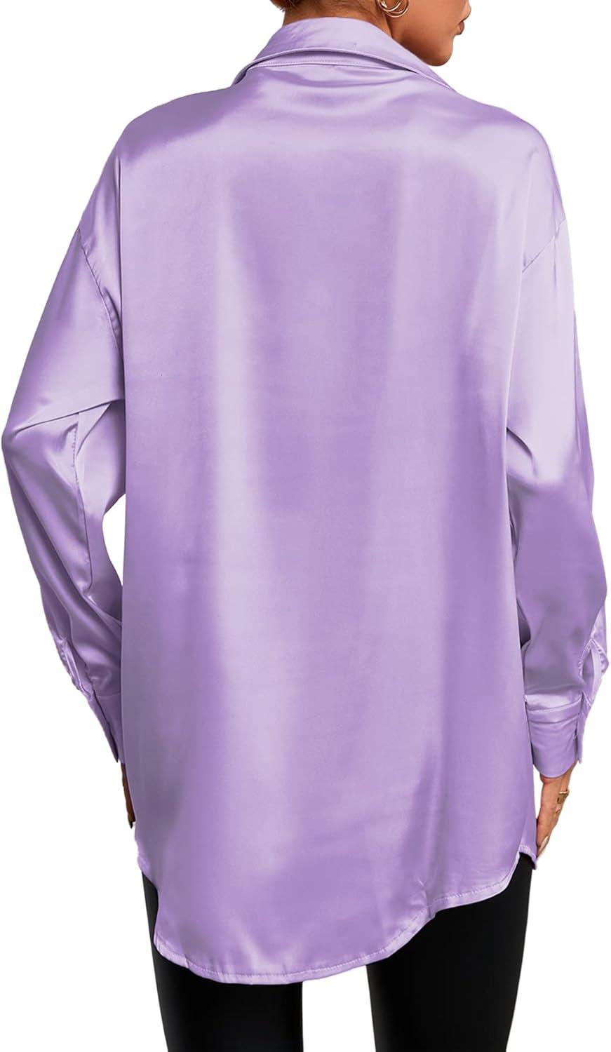 imageLYANER Womens Satin Silk Collar V Neck Button Down Long Sleeve Blouse Shirt TopLight Purple