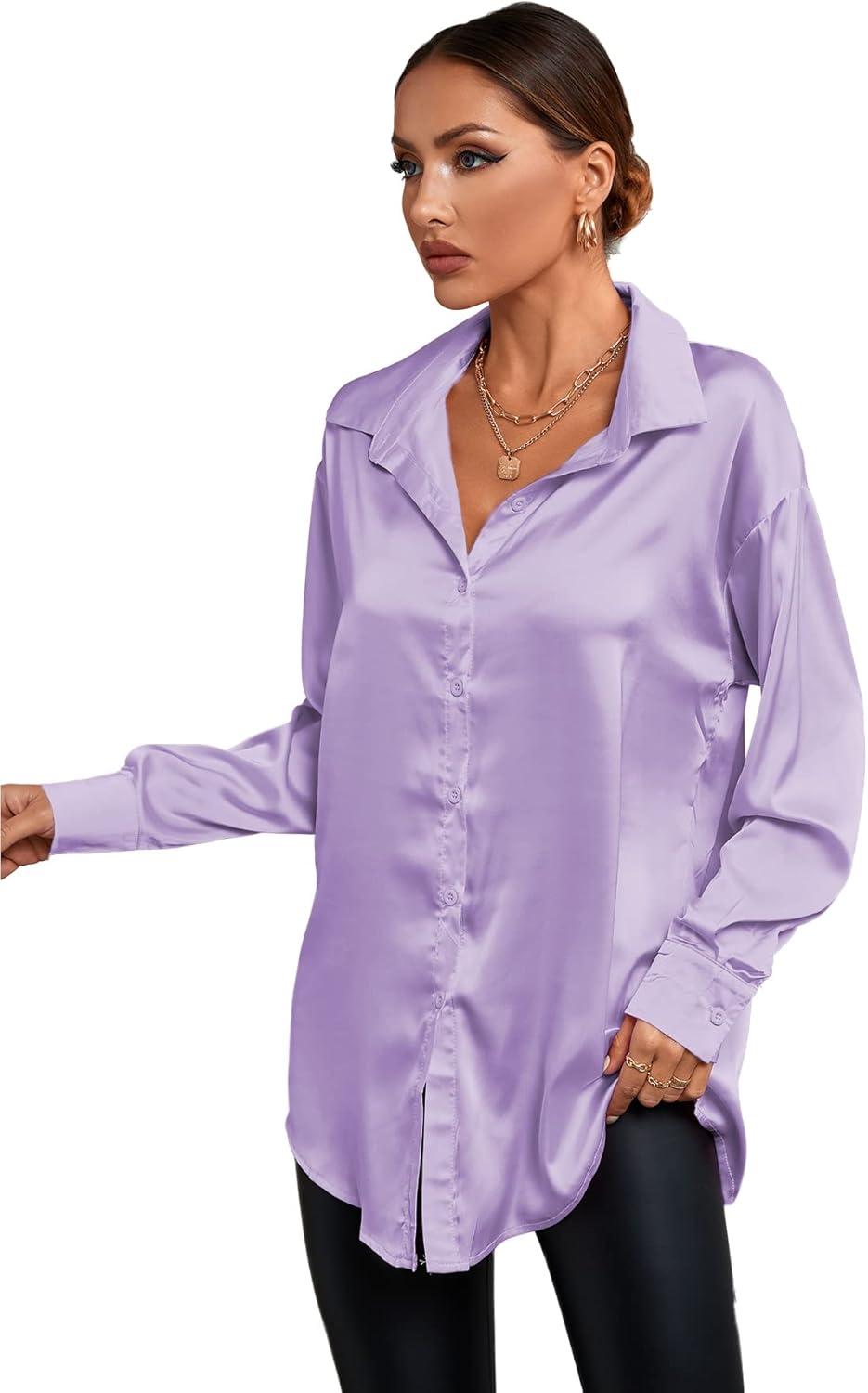 imageLYANER Womens Satin Silk Collar V Neck Button Down Long Sleeve Blouse Shirt TopLight Purple