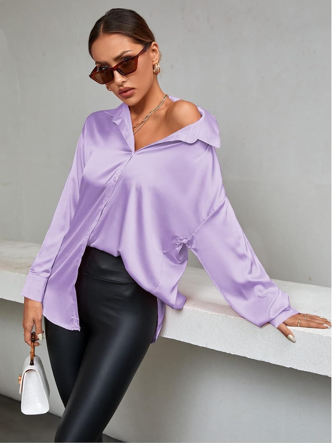 imageLYANER Womens Satin Silk Collar V Neck Button Down Long Sleeve Blouse Shirt TopLight Purple