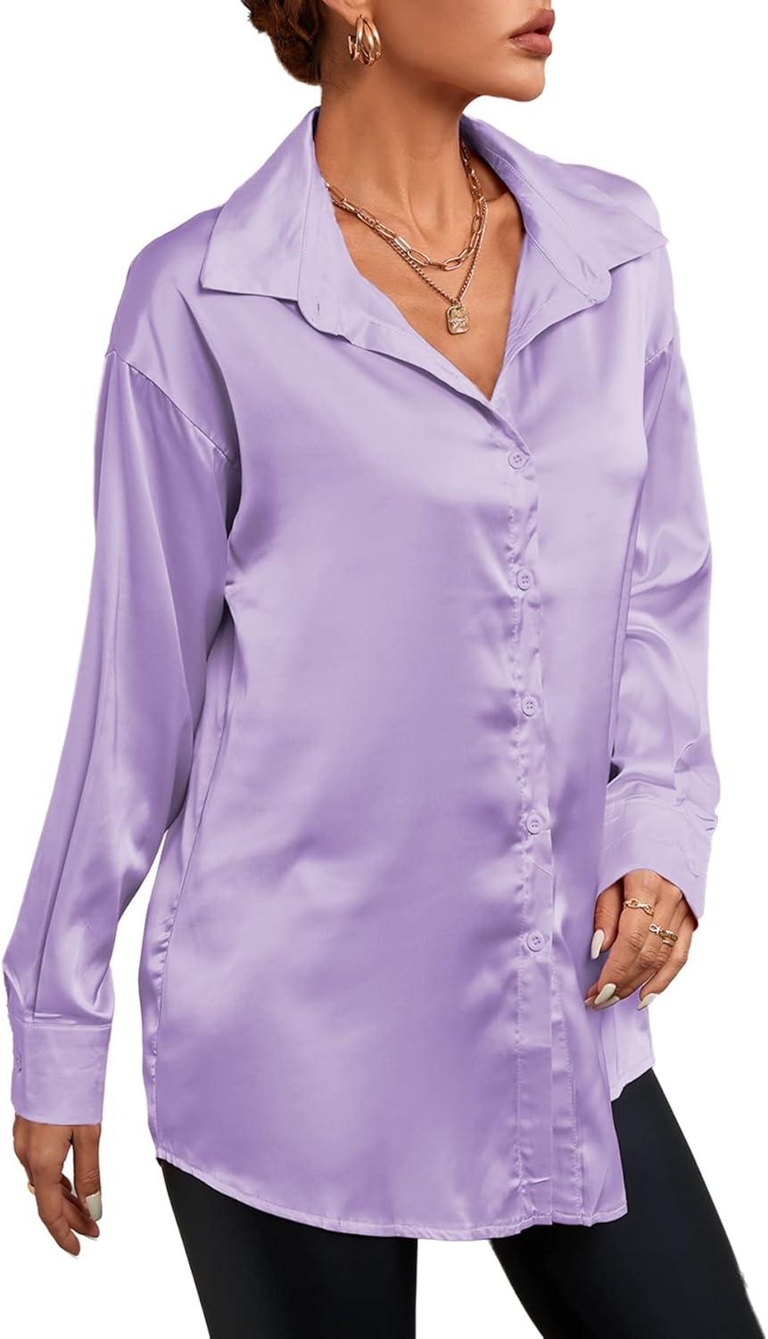 imageLYANER Womens Satin Silk Collar V Neck Button Down Long Sleeve Blouse Shirt TopLight Purple