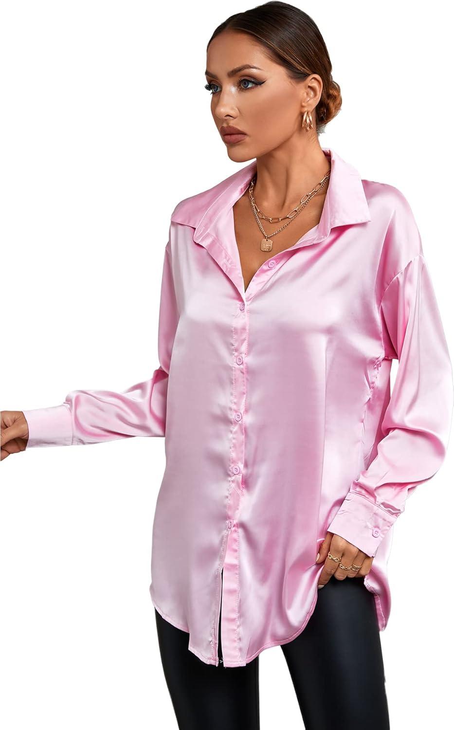 imageLYANER Womens Satin Silk Collar V Neck Button Down Long Sleeve Blouse Shirt TopPink