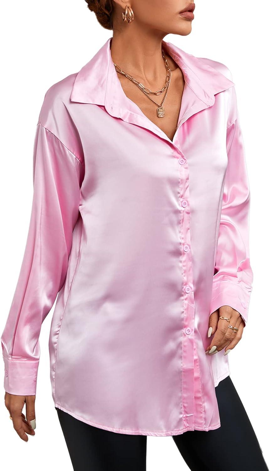 imageLYANER Womens Satin Silk Collar V Neck Button Down Long Sleeve Blouse Shirt TopPink
