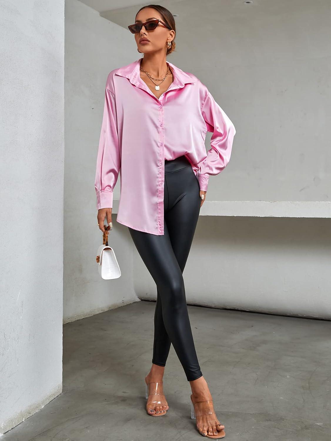 imageLYANER Womens Satin Silk Collar V Neck Button Down Long Sleeve Blouse Shirt TopPink