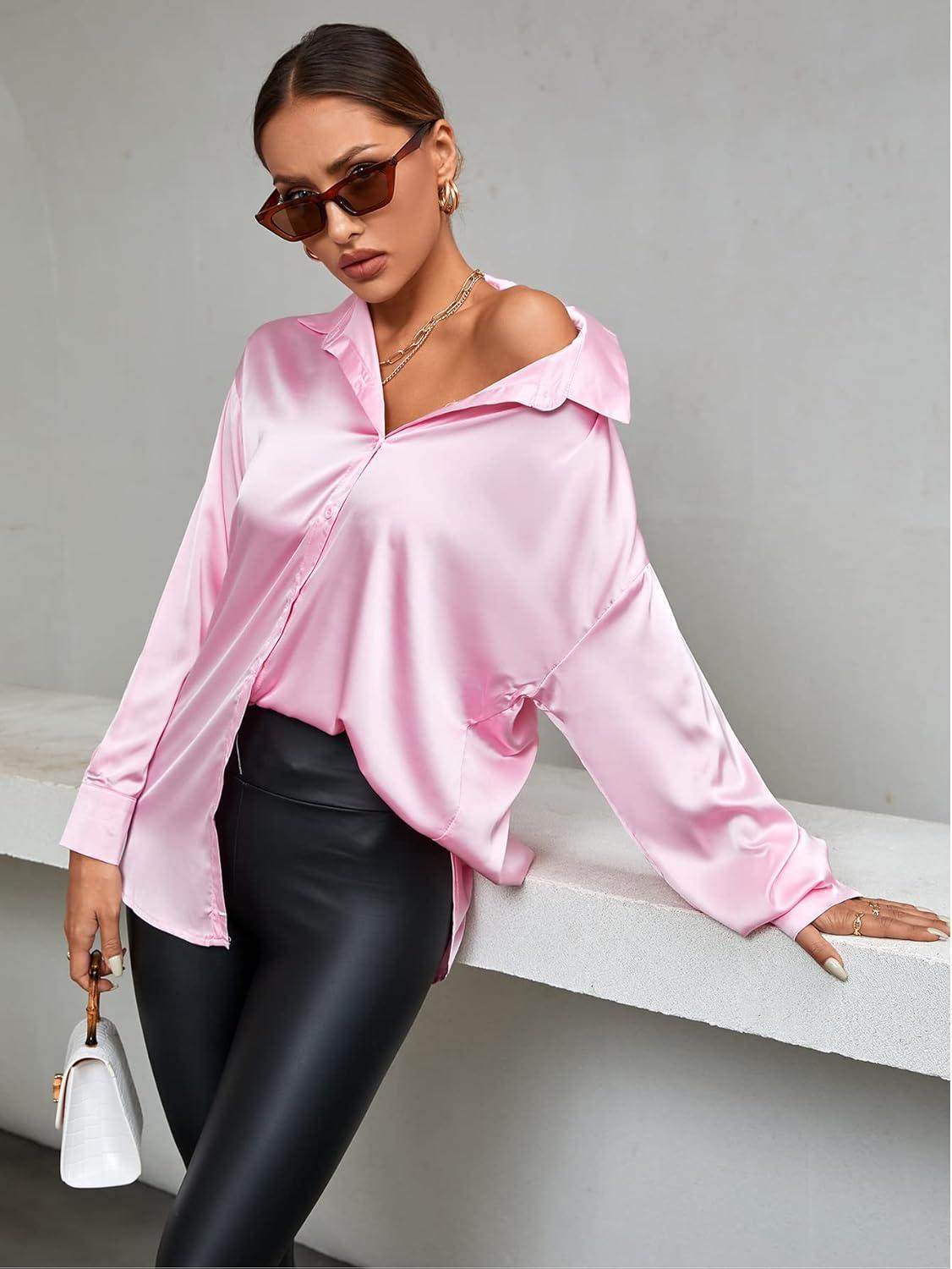 imageLYANER Womens Satin Silk Collar V Neck Button Down Long Sleeve Blouse Shirt TopPink