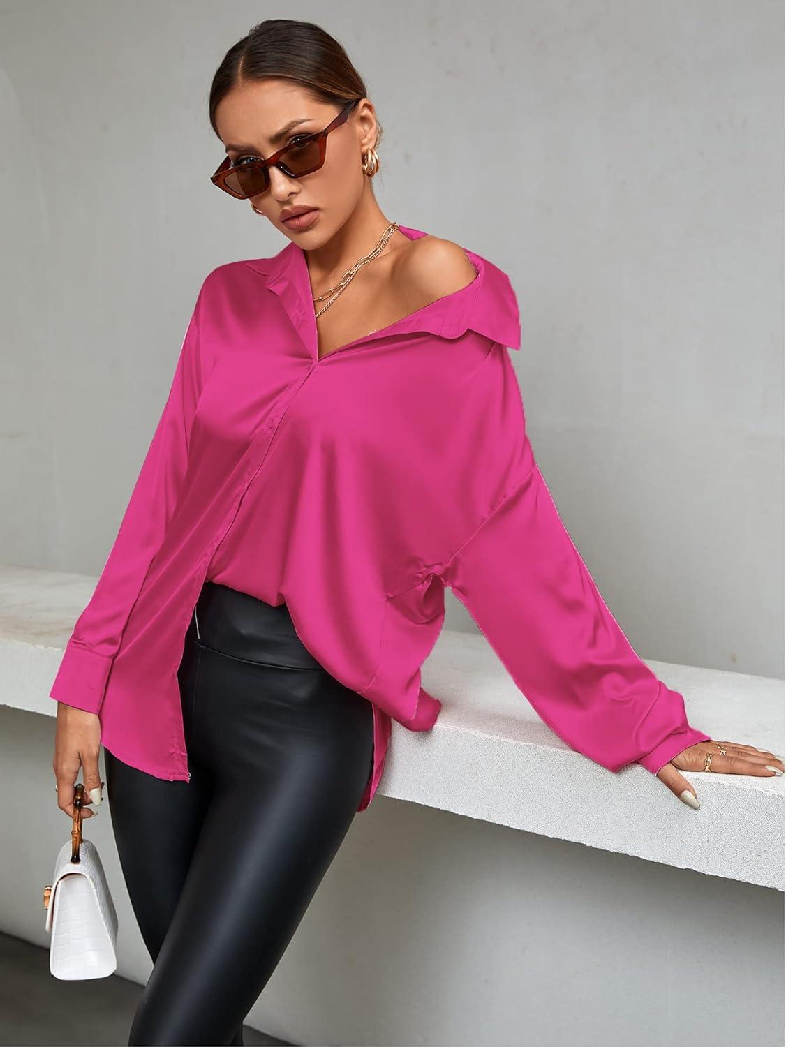 imageLYANER Womens Satin Silk Collar V Neck Button Down Long Sleeve Blouse Shirt TopRose