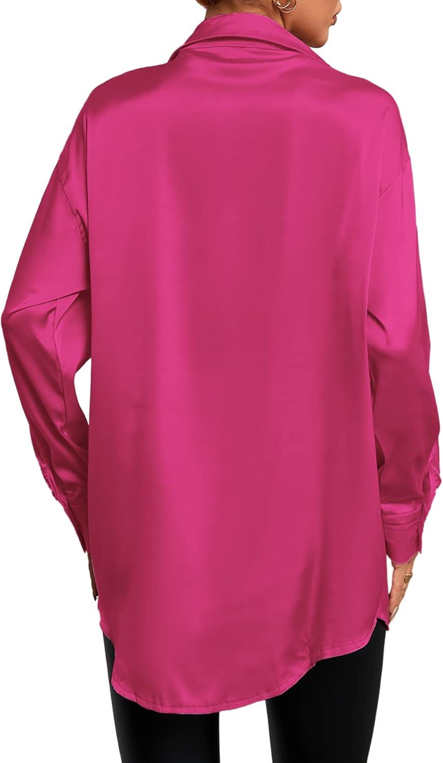 imageLYANER Womens Satin Silk Collar V Neck Button Down Long Sleeve Blouse Shirt TopRose