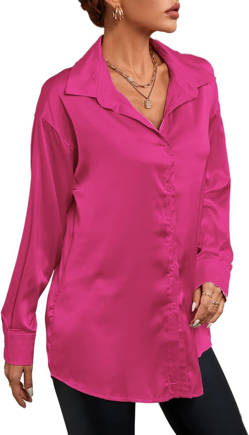 imageLYANER Womens Satin Silk Collar V Neck Button Down Long Sleeve Blouse Shirt TopRose