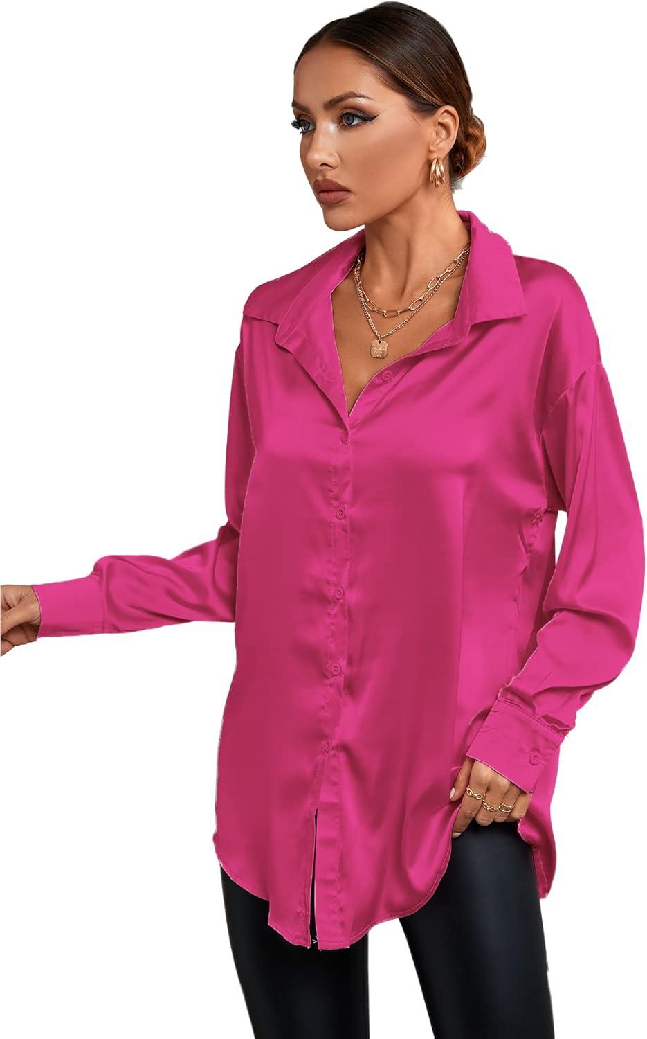 imageLYANER Womens Satin Silk Collar V Neck Button Down Long Sleeve Blouse Shirt TopRose