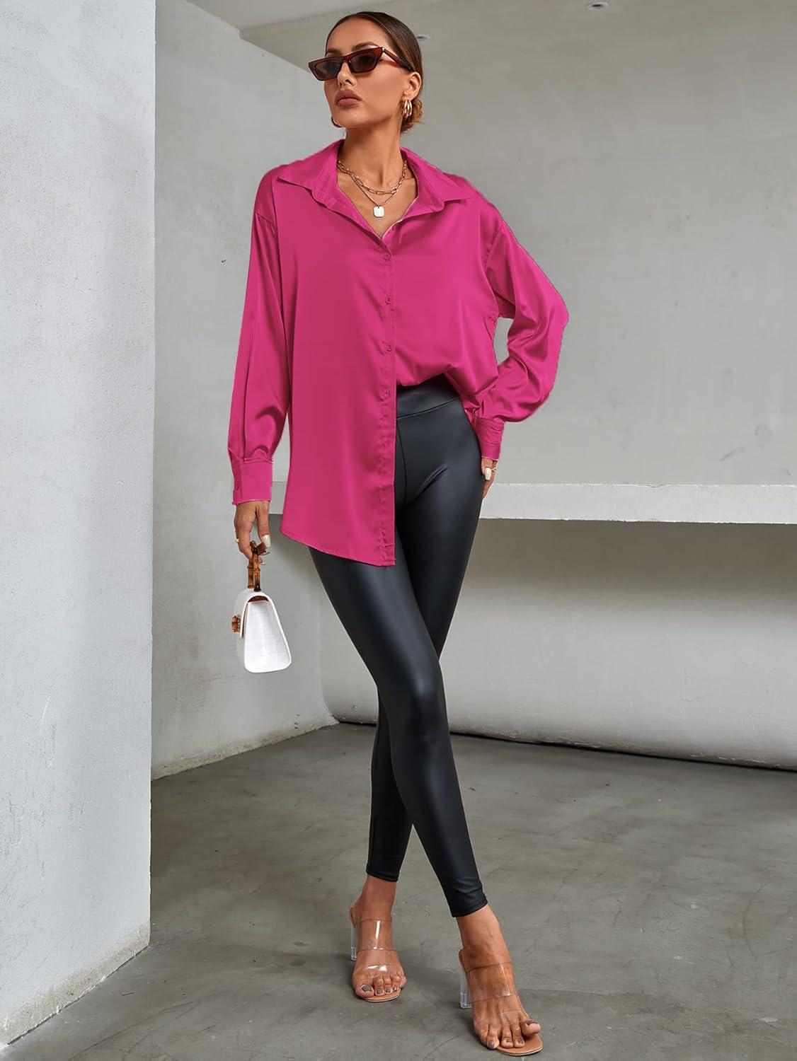 imageLYANER Womens Satin Silk Collar V Neck Button Down Long Sleeve Blouse Shirt TopRose
