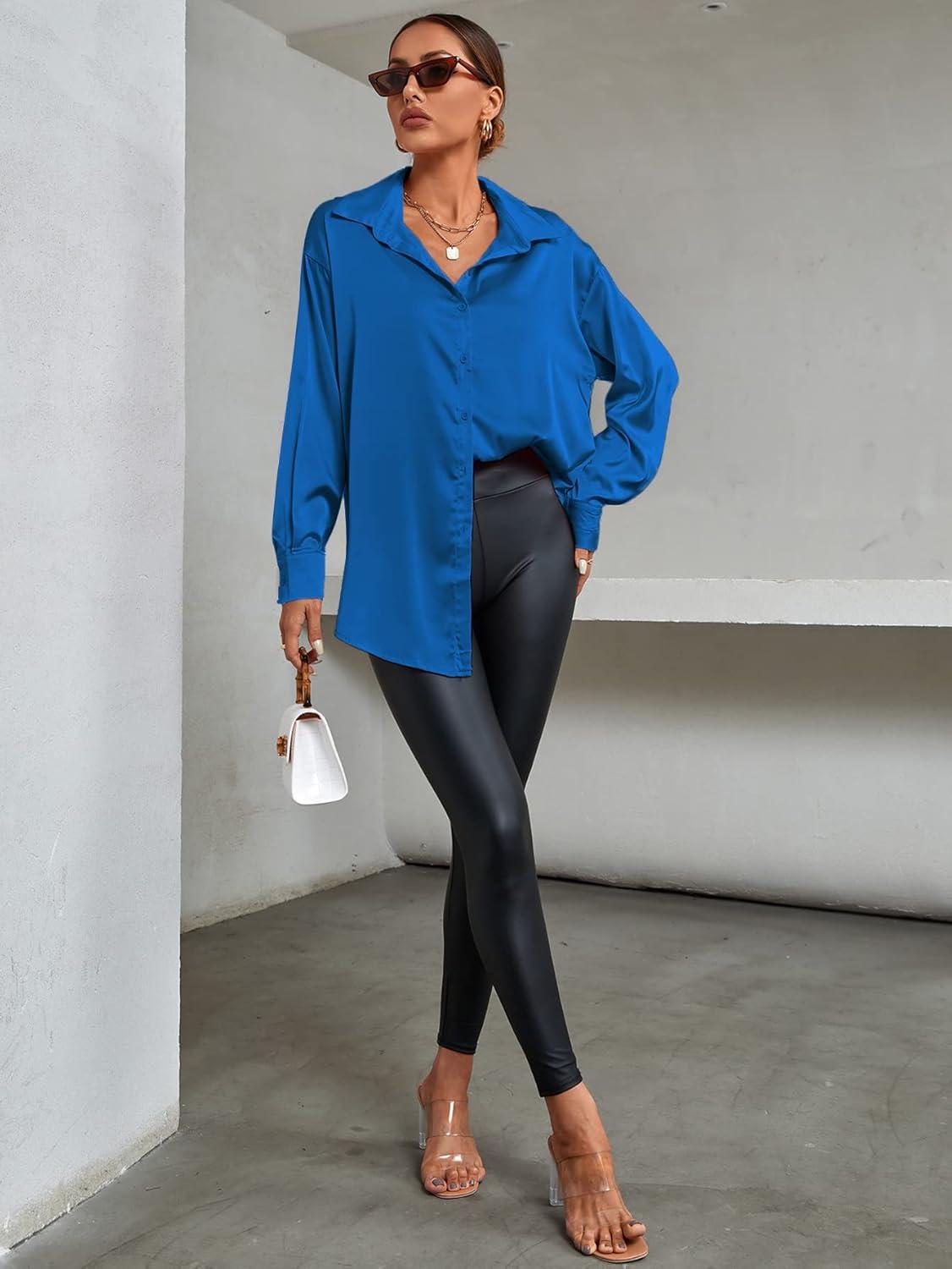 imageLYANER Womens Satin Silk Collar V Neck Button Down Long Sleeve Blouse Shirt TopRoyal Blue