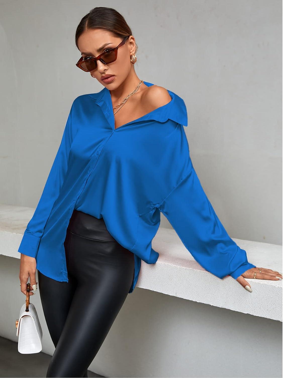 imageLYANER Womens Satin Silk Collar V Neck Button Down Long Sleeve Blouse Shirt TopRoyal Blue
