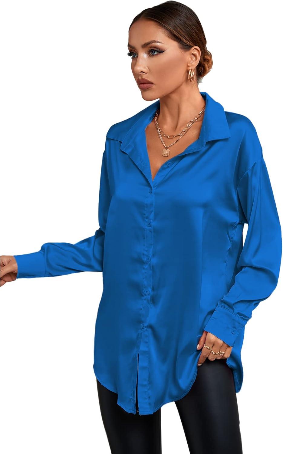 imageLYANER Womens Satin Silk Collar V Neck Button Down Long Sleeve Blouse Shirt TopRoyal Blue
