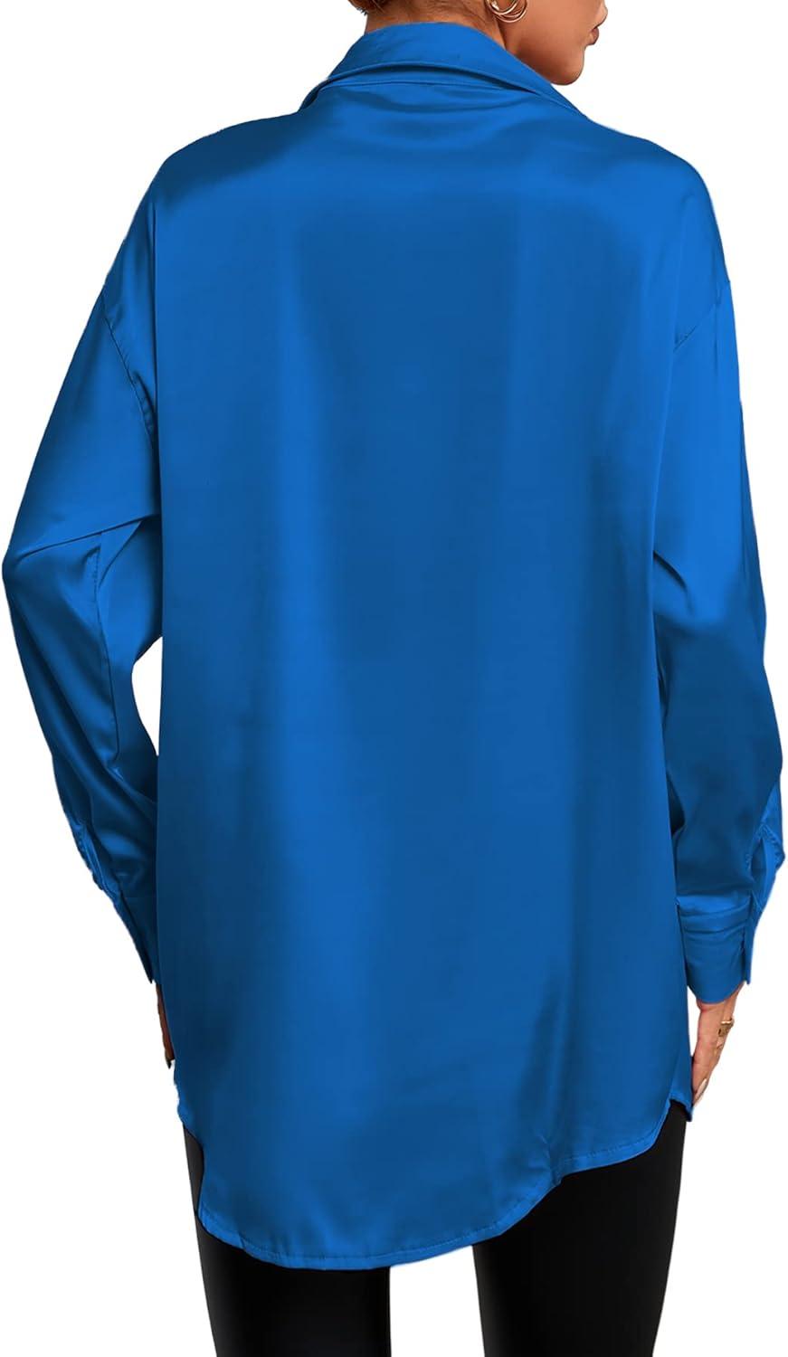 imageLYANER Womens Satin Silk Collar V Neck Button Down Long Sleeve Blouse Shirt TopRoyal Blue