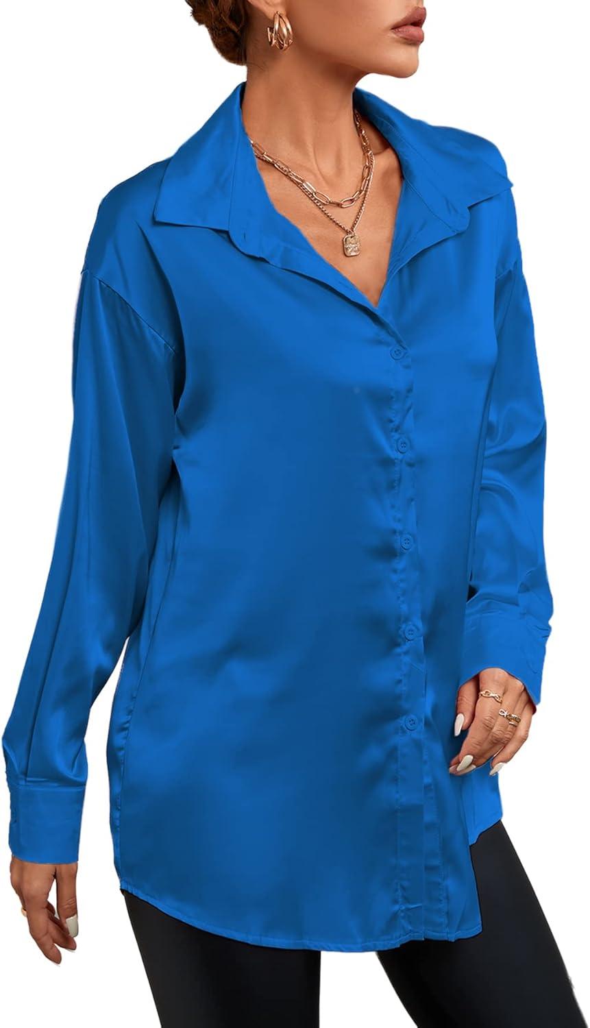 imageLYANER Womens Satin Silk Collar V Neck Button Down Long Sleeve Blouse Shirt TopRoyal Blue