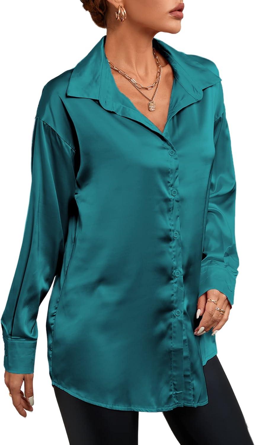 imageLYANER Womens Satin Silk Collar V Neck Button Down Long Sleeve Blouse Shirt TopTeal