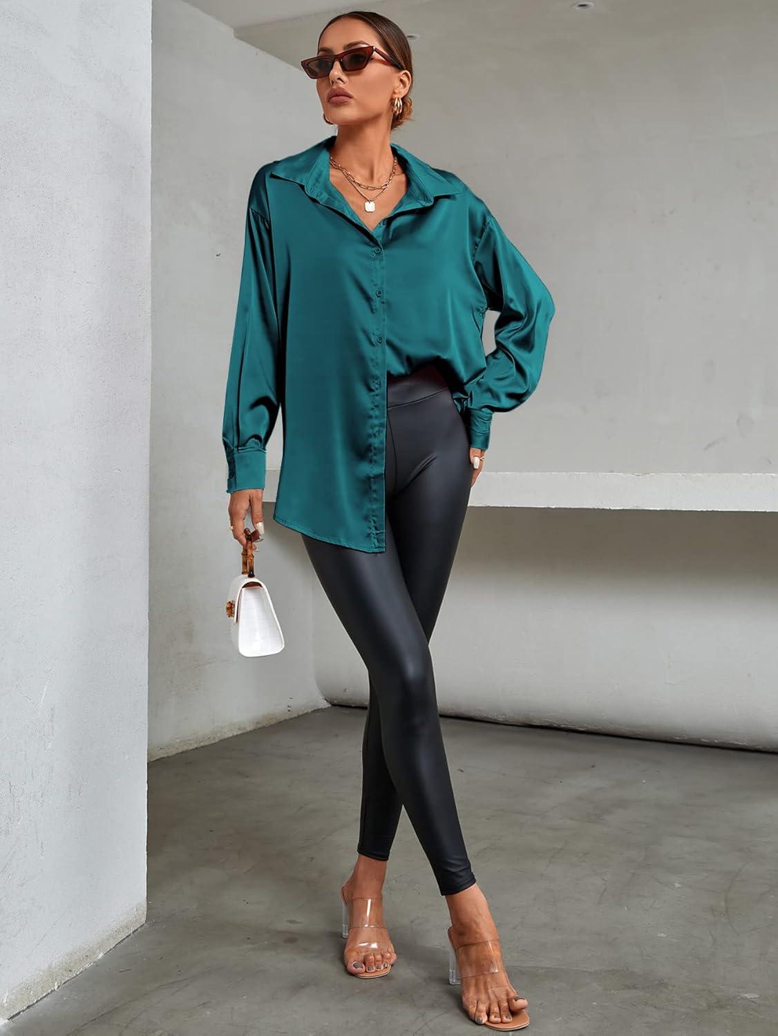 imageLYANER Womens Satin Silk Collar V Neck Button Down Long Sleeve Blouse Shirt TopTeal