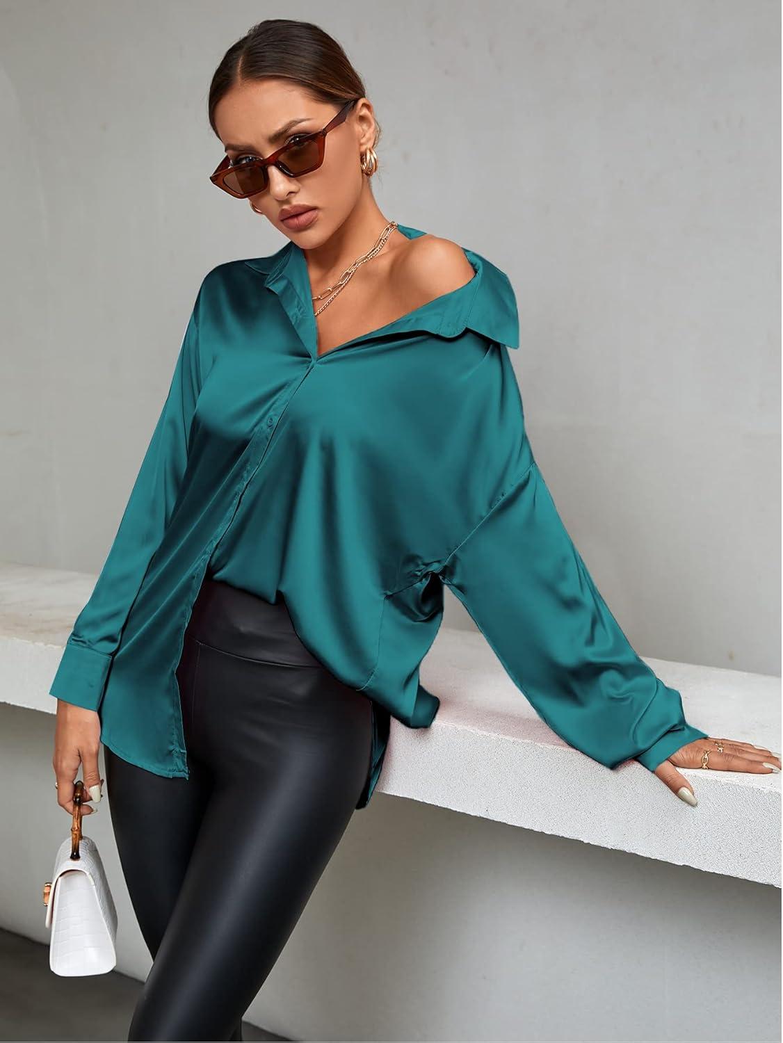 imageLYANER Womens Satin Silk Collar V Neck Button Down Long Sleeve Blouse Shirt TopTeal