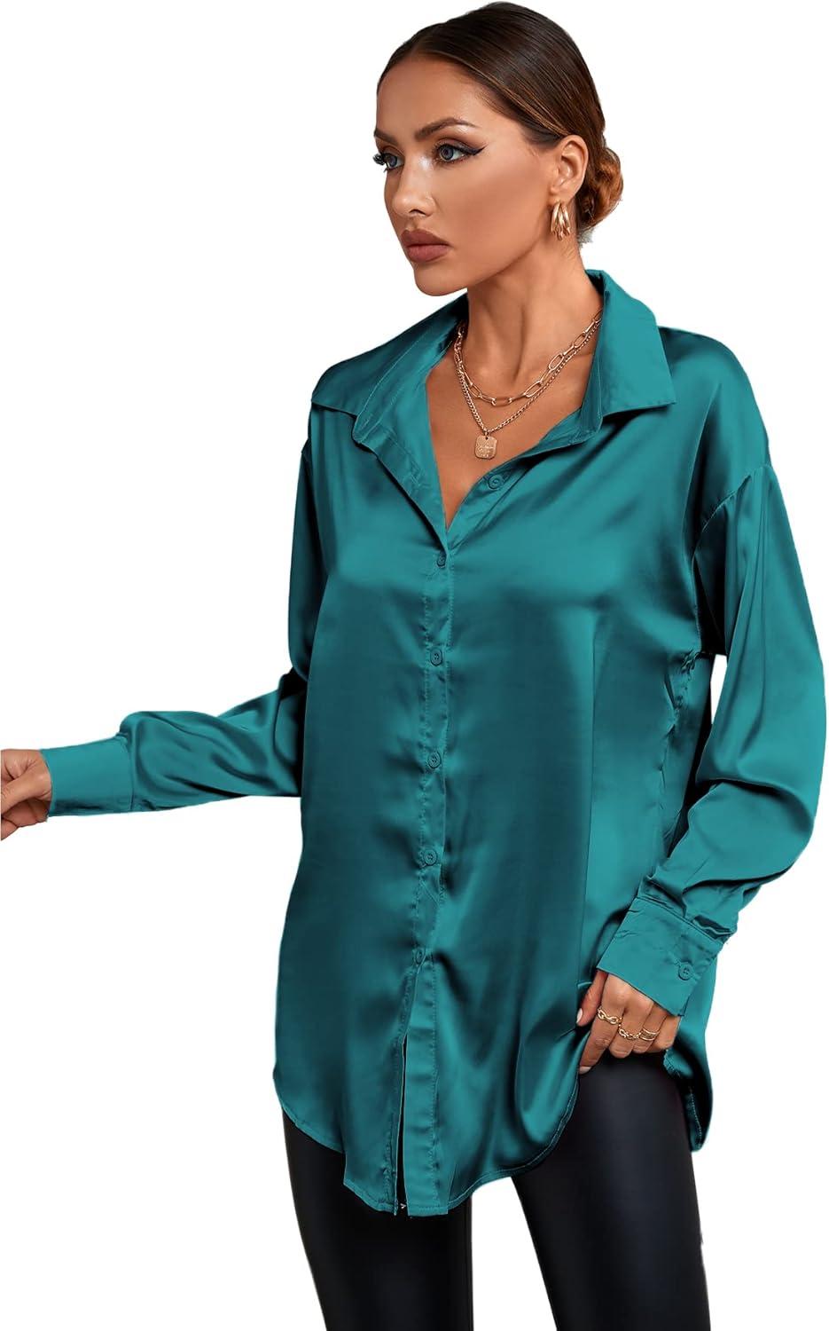 imageLYANER Womens Satin Silk Collar V Neck Button Down Long Sleeve Blouse Shirt TopTeal