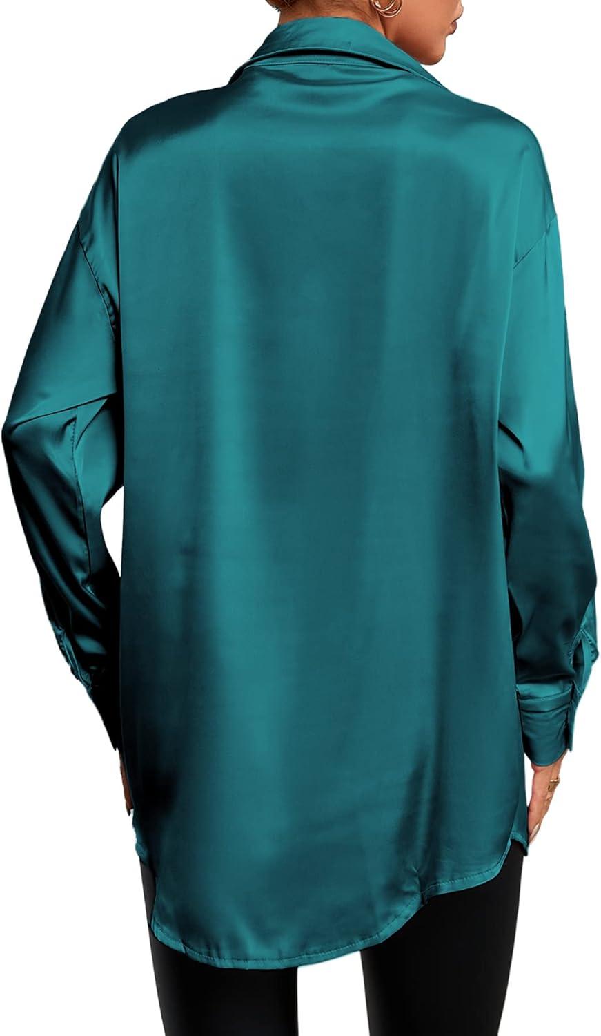 imageLYANER Womens Satin Silk Collar V Neck Button Down Long Sleeve Blouse Shirt TopTeal