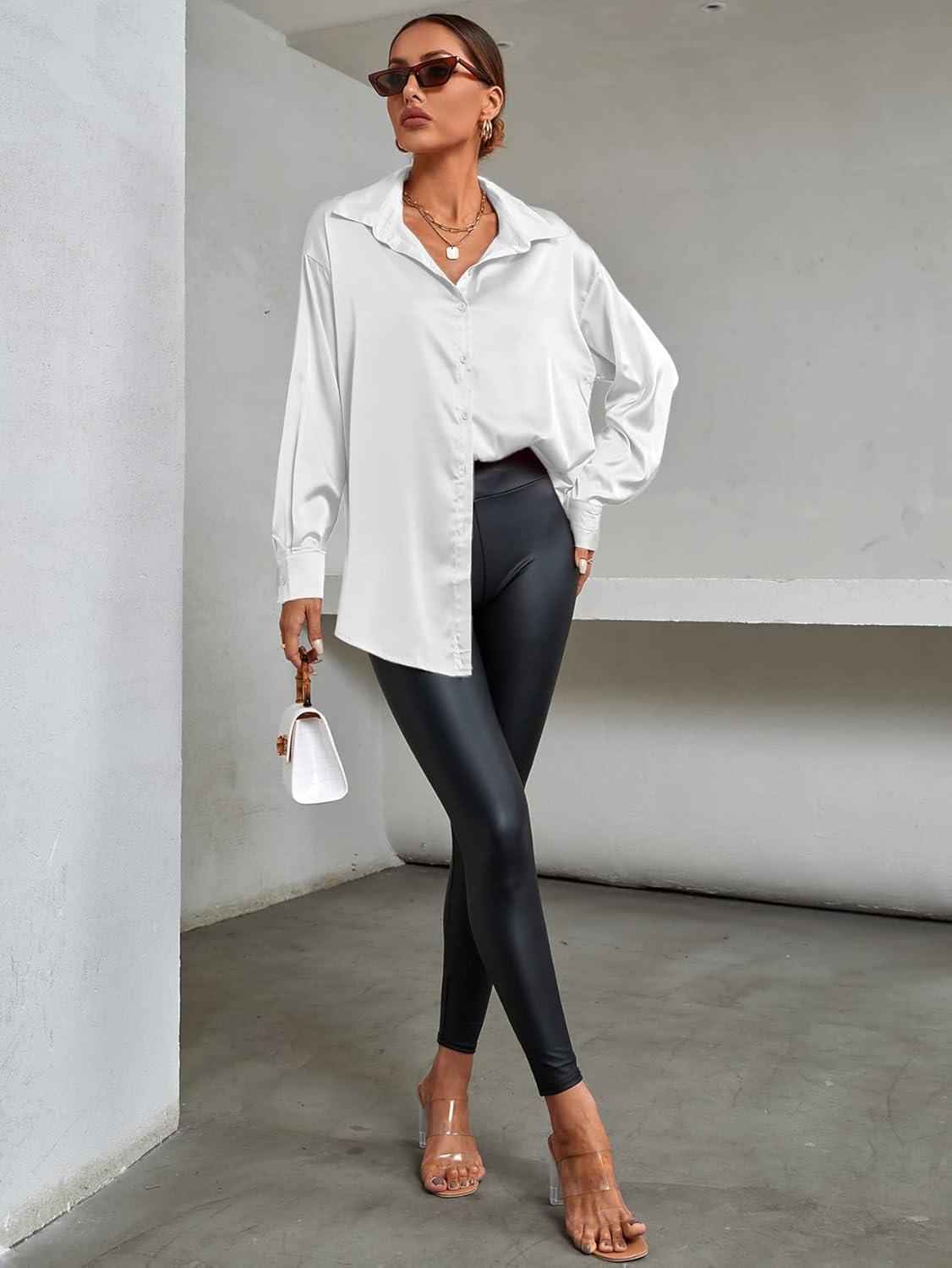 imageLYANER Womens Satin Silk Collar V Neck Button Down Long Sleeve Blouse Shirt TopWhite