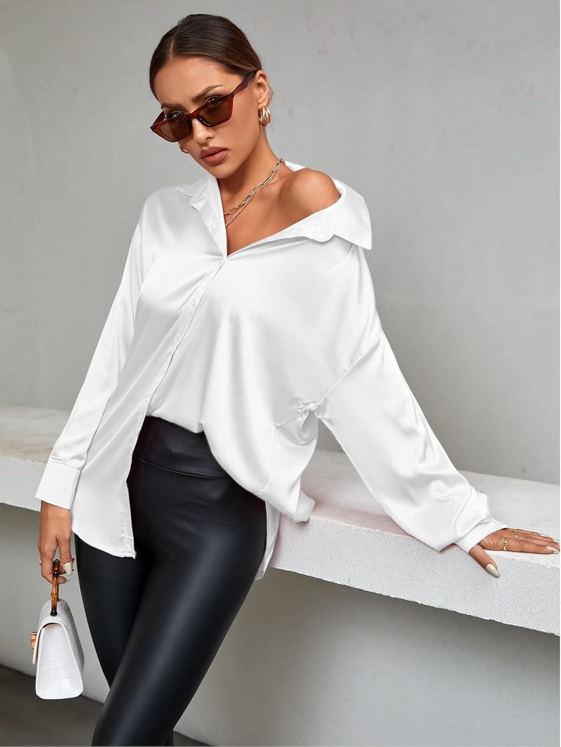 imageLYANER Womens Satin Silk Collar V Neck Button Down Long Sleeve Blouse Shirt TopWhite
