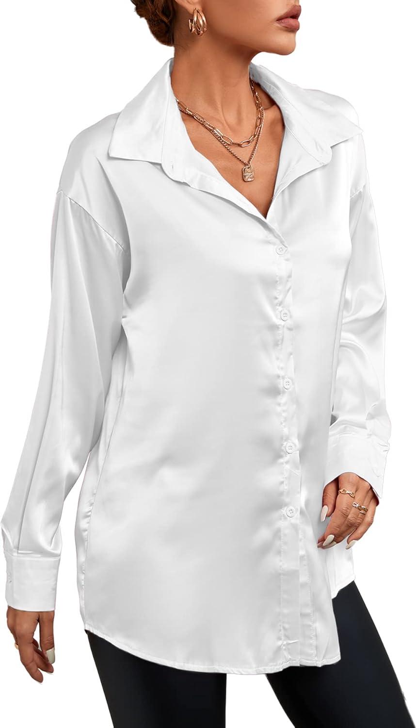 imageLYANER Womens Satin Silk Collar V Neck Button Down Long Sleeve Blouse Shirt TopWhite