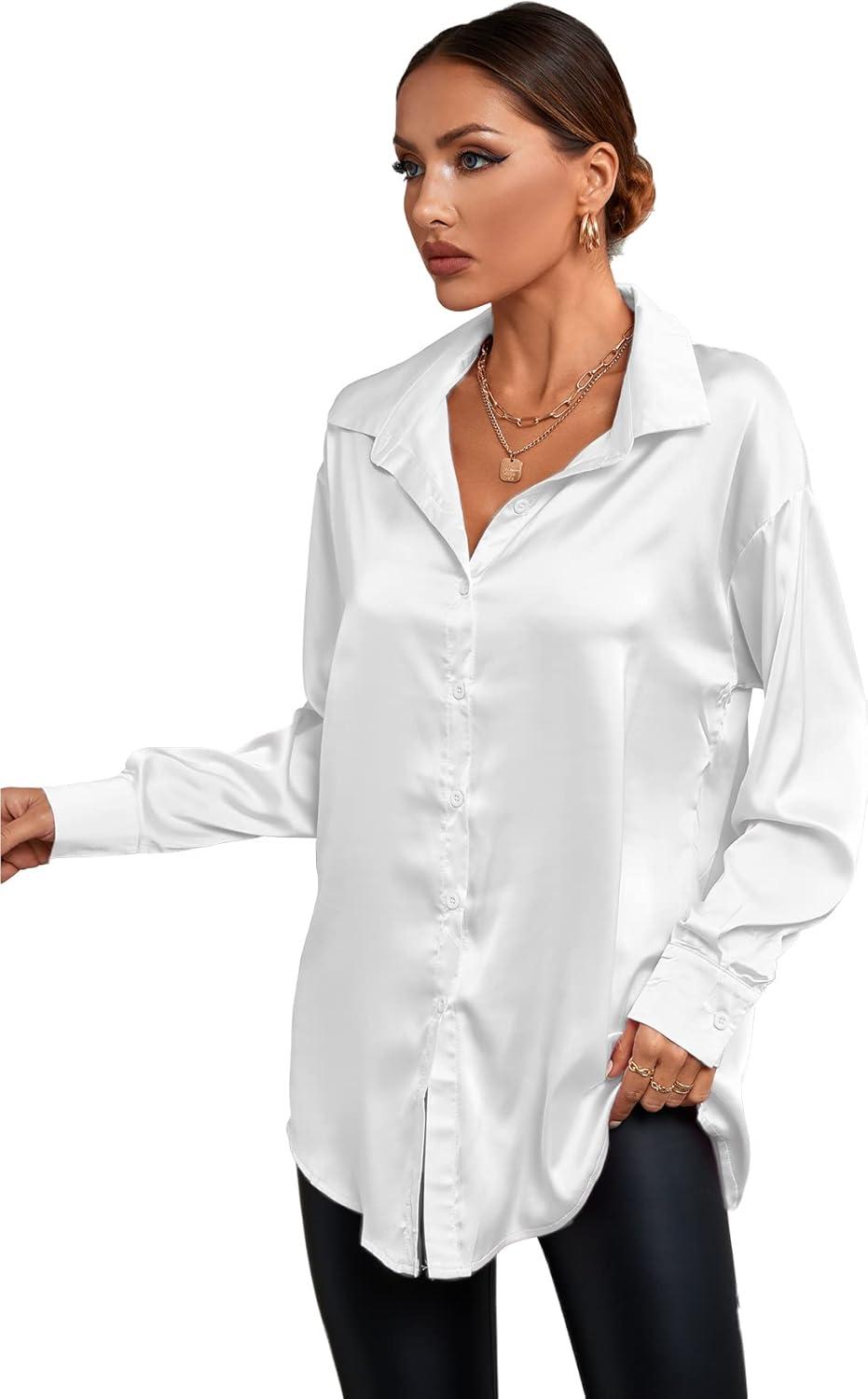 imageLYANER Womens Satin Silk Collar V Neck Button Down Long Sleeve Blouse Shirt TopWhite