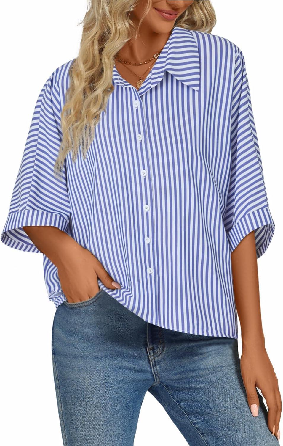 imageLYANER Womens Striped Button Down Shirts Collar V Neck Half Sleeve Casual Loose Office Work Blouse TopsBlue