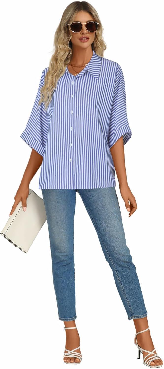 imageLYANER Womens Striped Button Down Shirts Collar V Neck Half Sleeve Casual Loose Office Work Blouse TopsBlue