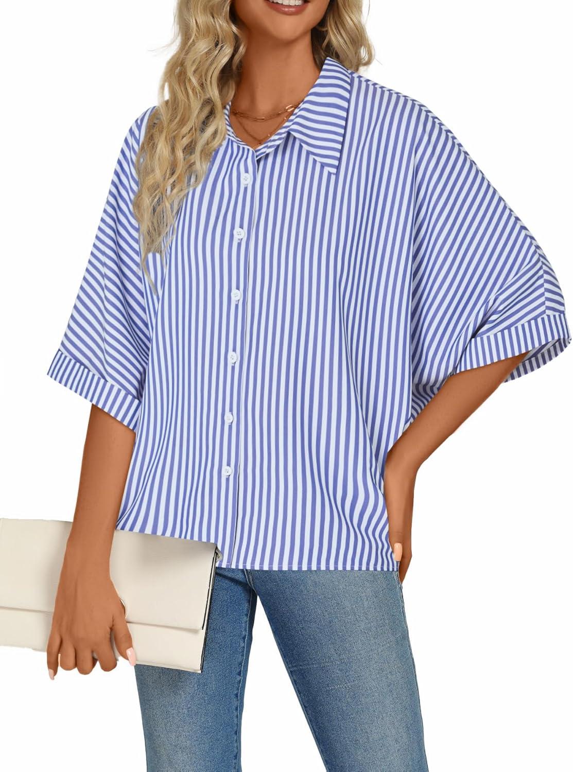 imageLYANER Womens Striped Button Down Shirts Collar V Neck Half Sleeve Casual Loose Office Work Blouse TopsBlue