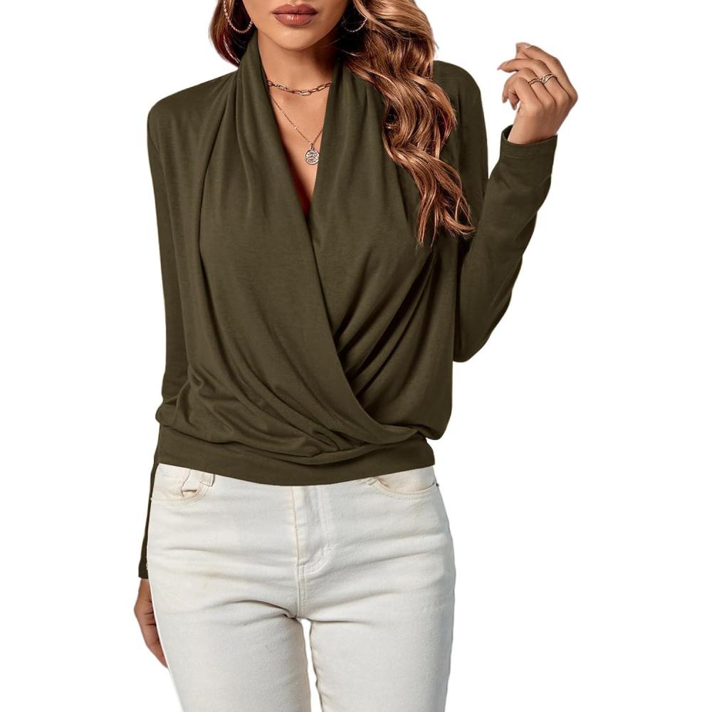 imageLYANER Womens Casual V Neck Cross Wrap Long Sleeve Solid Blouse Shirt TopArmy Green