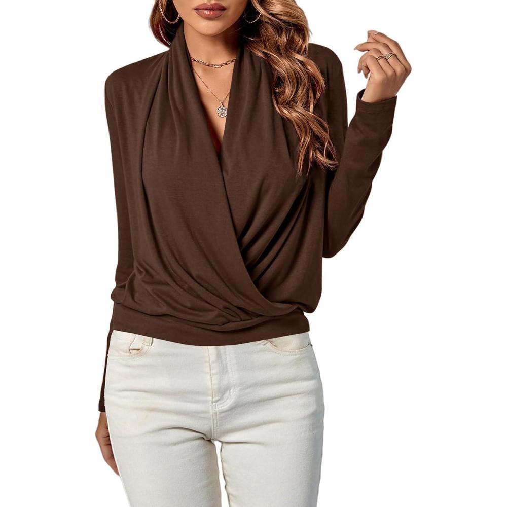 imageLYANER Womens Casual V Neck Cross Wrap Long Sleeve Solid Blouse Shirt TopBrown