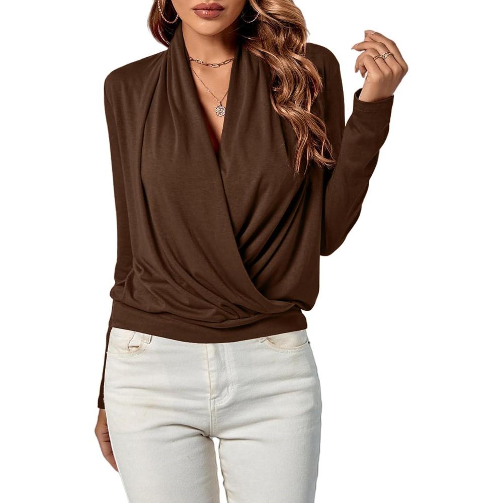 imageLYANER Womens Casual V Neck Cross Wrap Long Sleeve Solid Blouse Shirt TopBurnt Orange