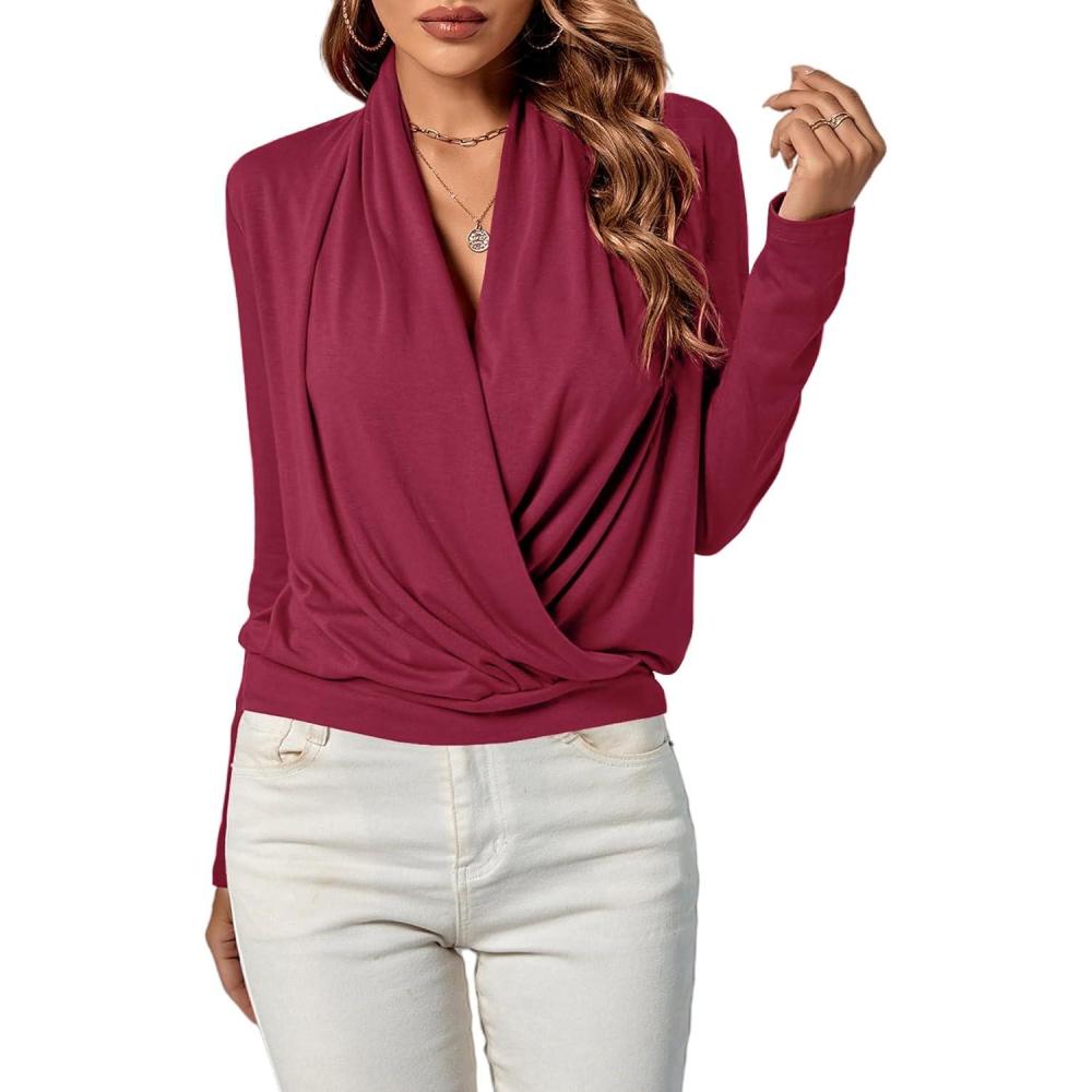 imageLYANER Womens Casual V Neck Cross Wrap Long Sleeve Solid Blouse Shirt TopDark Red